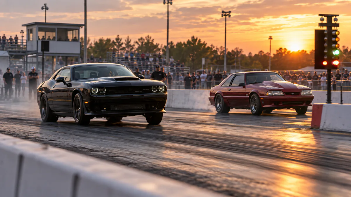 Two grassroots race cars launching at a regional drag strip at sunset